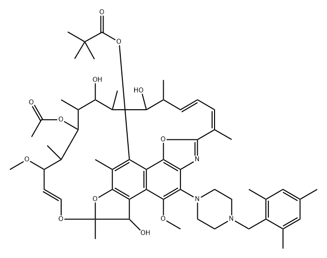 N,15-ジデヒドロ-11,15-ジデオキソ-1-デオキシ-1,15-エポキシ-11β-ヒドロキシ-4-O-メチル-3-[4-(2,4,6-トリメチルベンジル)ピペラジノ]リファマイシン8-(2,2-ジメチルプロパノアート) 化学構造式