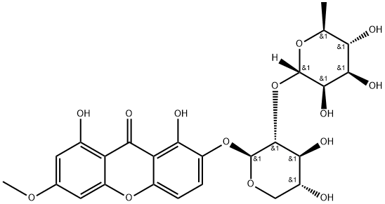 Swertianin 2-O-α-L-
rhamnopyranosyl-(1→2)-β-D-xylopyranoside 化学構造式