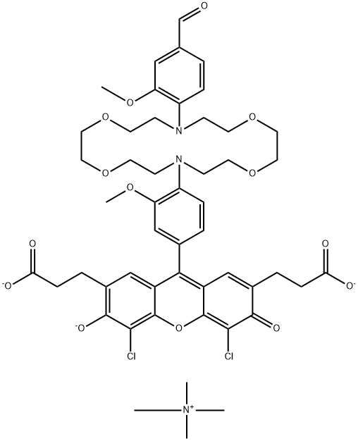 Methanaminium, N,N,N-trimethyl-, 4,5-dichloro-9-[4-[16-(4-formyl-2-methoxyphenyl)-1,4,10,13-tetraoxa-7,16-diazacyclooctadec-7-yl]-3-methoxyphenyl]-6-hydroxy-3-oxo-3H-xanthene-2,7-dipropanoate (3:1),1369302-17-9,结构式