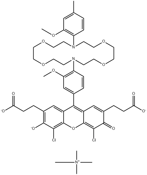 1369302-21-5 Methanaminium, N,N,N-trimethyl-, 4,5-dichloro-6-hydroxy-9-[3-methoxy-4-[16-(2-methoxy-4-methylphenyl)-1,4,10,13-tetraoxa-7,16-diazacyclooctadec-7-yl]phenyl]-3-oxo-3H-xanthene-2,7-dipropanoate (3:1)