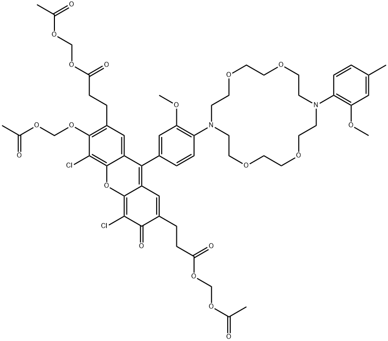 1369302-24-8 3H-Xanthene-2,7-dipropanoic acid, 6-[(acetyloxy)methoxy]-4,5-dichloro-9-[3-methoxy-4-[16-(2-methoxy-4-methylphenyl)-1,4,10,13-tetraoxa-7,16-diazacyclooctadec-7-yl]phenyl]-3-oxo-, 2,7-bis[(acetyloxy)methyl] ester