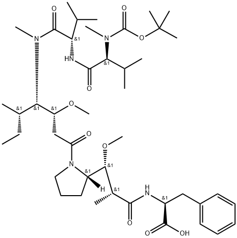 L-Phenylalanine, N-[(1,1-dimethylethoxy)carbonyl]-N-methyl-L-valyl-L-valyl-(3R,4S,5S)-3-methoxy-5-methyl-4-(methylamino)heptanoyl-(αR,βR,2S)-β-methoxy-α-methyl-2-pyrrolidinepropanoyl- 化学構造式