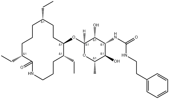 Azacyclotetradecan-2-one, 10-[[3,6-dideoxy-3-[[[(2-phenylethyl)amino]carbonyl]amino]-α-L-mannopyranosyl]oxy]-3,7,11-triethyl-, (3R,7S,10R,11R)- Struktur