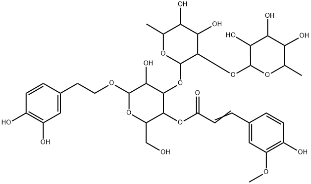 [2-(3,4-ジヒドロキシフェニル)エチル]3-O-(2-O-α-L-ラムノピラノシル-α-L-ラムノピラノシル)-4-O-[3-(4-ヒドロキシ-3-メトキシフェニル)プロペノイル]-β-D-グルコピラノシド 化学構造式