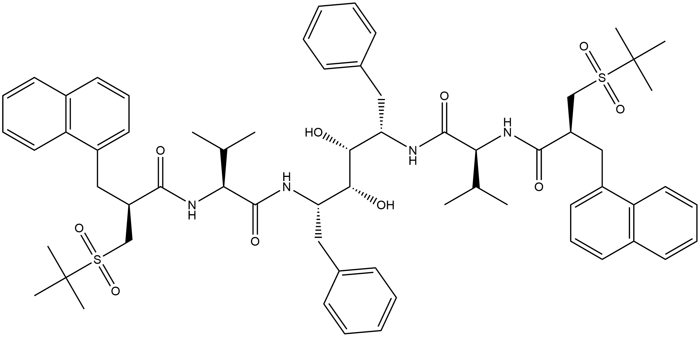 L-Iditol, 1,2,5,6-tetradeoxy-2,5-bis[[(2S)-2-[[(2S)-2-[[(1,1-dimethylethyl)sulfonyl]methyl]-3-(1-naphthalenyl)-1-oxopropyl]amino]-3-methyl-1-oxobutyl]amino]-1,6-diphenyl-,137755-25-0,结构式