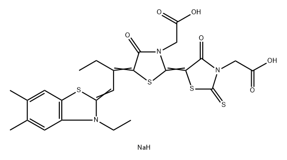 2-{5-[(2E,5E)-3-(羧基氨基甲基)-5-{1-[(2E)-3-乙基-5,6-二甲基-2,3-二氢-1,3-苯并噻唑-2-亚基]丁烷-2-亚基}-4-氧代-1,3-噻唑烷-2-亚基]-4-,137788-83-1,结构式