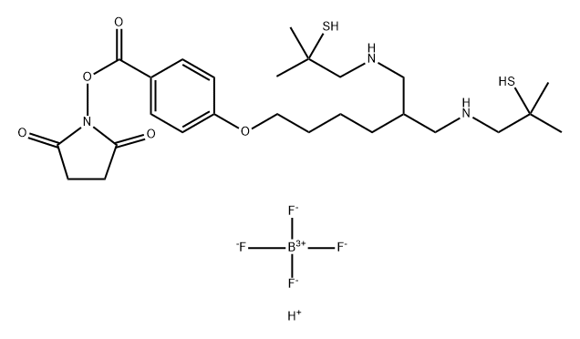 1-((4-((6-((2-Mercapto-2-methylpropyl)amino)-5-(((2-mercapto-2-methylp ropyl)amino)methyl)hexyl)oxy)benzoyl)oxy)-2,5-pyrrolidinedione bis(tet rafluoroborate(1-))|