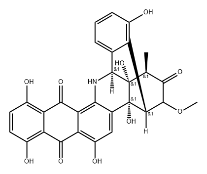 (1R)-3,4,4a,13,14,14a-ヘキサヒドロ-4a,6,8,11,14a,17-ヘキサヒドロキシ-3β-メトキシ-1β-メチル-4,14-[1,2]ベンゼノナフト[2,3-c]フェナントリジン-2,7,12(1H)-トリオン 化学構造式