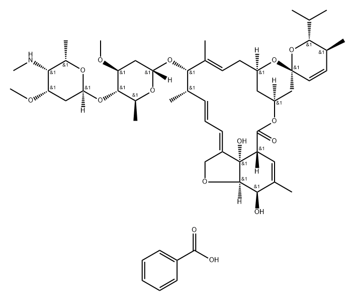 Avermectin A1a, 5-O-demethyl-25-de(1-methylpropyl)-4''-deoxy-4''-(methylamino)-25-(1-methylethyl)-, (4''R)-, benzoate (salt) Struktur