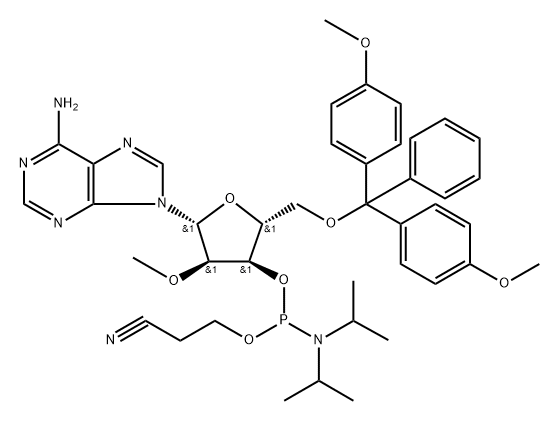 Adenosine, 5'-O-[bis(4-methoxyphenyl)phenylmethyl]-2'-O-methyl-, 3'-[2-cyanoethyl N,N-bis(1-methylethyl)phosphoramidite],138906-75-9,结构式