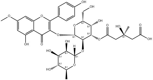 4H-1-Benzopyran-4-one, 3-[[3-O-[(3S)-4-carboxy-3-hydroxy-3-methyl-1-oxobutyl]-2-O-(6-deoxy-α-L-mannopyranosyl)-β-D-galactopyranosyl]oxy]-5-hydroxy-2-(4-hydroxyphenyl)-7-methoxy- Struktur