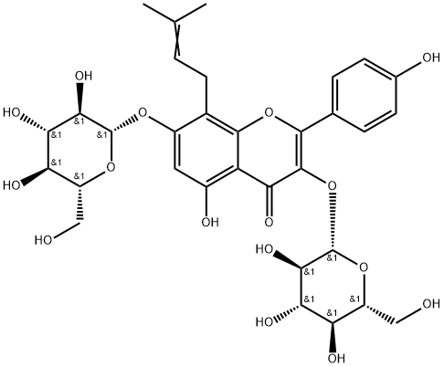 4H-1-Benzopyran-4-one, 3,7-bis(β-D-glucopyranosyloxy)-5-hydroxy-2-(4-hydroxyphenyl)-8-(3-methyl-2-buten-1-yl)- Structure
