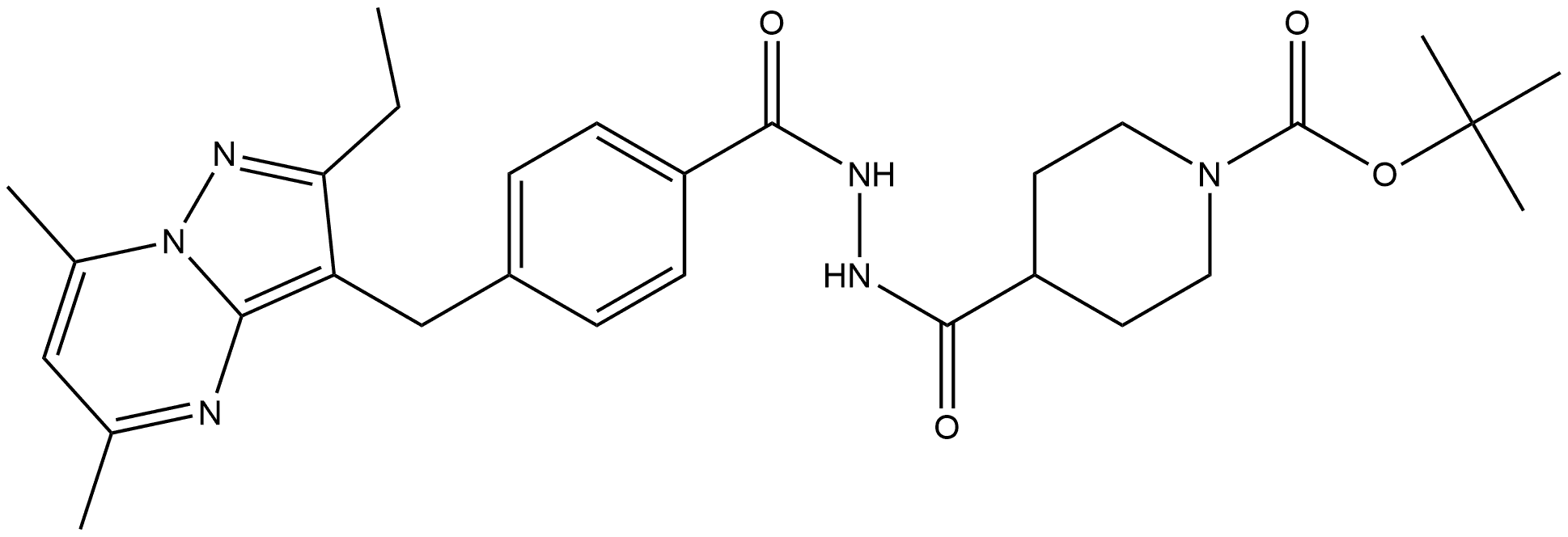 ter-butyl 4-(2-(4-((2-ethyl-5,7-dimethylpyrazolo[1,5-a]pyrimidin-3-yl)methyl)benzoyl)hydrazinecarbonyl)piperidine-1-carboxylate Struktur