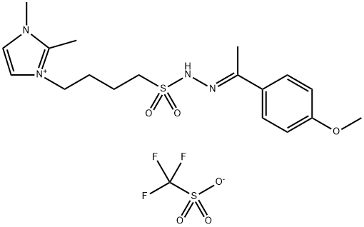 1H-Imidazolium, 3-[4-[[2-[1-(4-methoxyphenyl)ethylidene]hydrazinyl]sulfonyl]butyl]-1,2-dimethyl-, 1,1,1-trifluoromethanesulfonate (1:1) Struktur