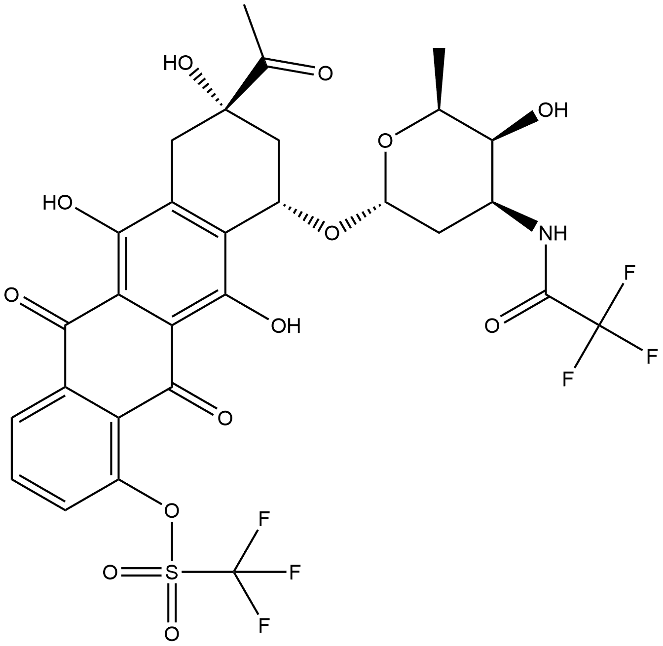 Methanesulfonic acid, 1,1,1-trifluoro-, (8S,10S)-8-acetyl-5,7,8,9,10,12-hexahydro-6,8,11-trihydroxy-5,12-dioxo-10-[[2,3,6-trideoxy-3-[(2,2,2-trifluoroacetyl)amino]-α-L-lyxo-hexopyranosyl]oxy]-1-naphthacenyl ester Structure