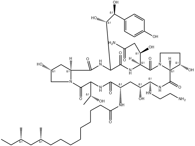 Pneumocandin B0, 1-[(4R,5S)-5-[(2-aminoethyl)amino]-N2-[(10R,12S)-10,12-dimethyl-1-oxotetradecyl]-4-hydroxy-L-ornithine]- 化学構造式