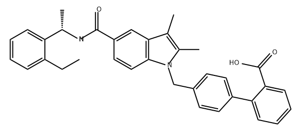 (S)-4'-((5-((1-(2-ethylphenyl)ethyl)carbamoyl)-2,3-dimethyl-1H-indol-1-yl)methyl)-[1,1'-biphenyl]-2-carboxylic acid,1415255-11-6,结构式