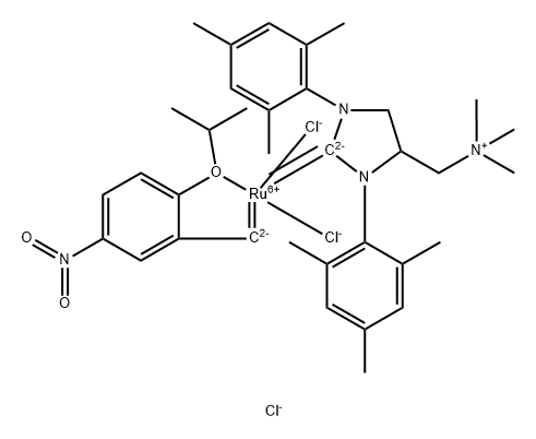 1,3-Bis(2,4,6-trimethylphenyl)-4-[(trimethylammonio)methyl]imidazolidin-2-ylidene]-(2-i-propoxy-5-nitrobenzylidene)dichlororuthenium(II) chloride nitro-StickyCat Cl|1,3-双(2,4,6-三甲基苯基)-4-[(三甲基铵基)甲基]咪唑烷-2-亚基]-(2-异丙氧基-5-硝基苯亚甲基)二氯化钌(II)