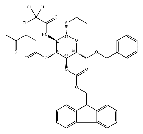 Ethyl 2-deoxy-6-O-(phenylmethyl)-1-thio-2-[(2,2,2-trichloroacetyl)amino]-beta-D-glucopyranoside 4-(9H-fluoren-9-ylmethyl carbonate) 3-(4-oxopentanoate) Struktur