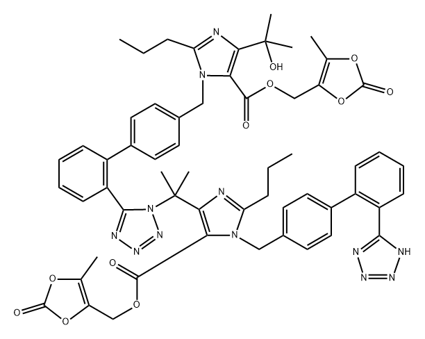 1H-Imidazole-5-carboxylic acid, 4-(1-hydroxy-1-methylethyl)-1-[[2′-[1-[1-methyl-1-[5-[[(5-methyl-2-oxo-1,3-dioxol-4-yl)methoxy]carbonyl]-2-propyl-1-[[2′-(2H-tetrazol-5-yl)[1,1′-biphenyl]-4-yl]methyl]-1H-imidazol-4-yl]ethyl]-1H-tetrazol-5-yl][1,1′-biphenyl]-4-yl]methyl]-2-propyl-, (5-methyl-2-oxo-1,3-dioxol-4-yl)methyl ester Struktur