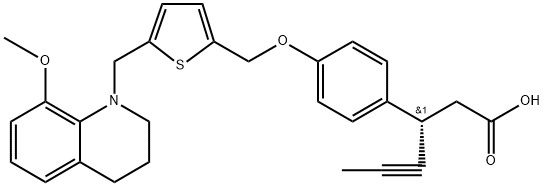 (3R)-3-[4-[5-(8-メトキシ-1,2,3,4-テトラヒドロキノリン-1-イルメチル)-2-チエニルメトキシ]フェニル]-4-ヘキシン酸 化学構造式