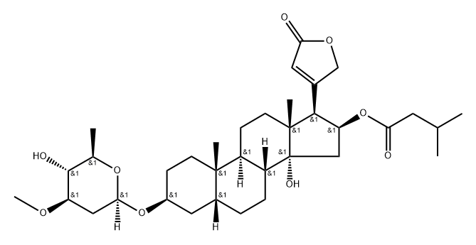 3β-[(2,6-ジデオキシ-3-O-メチル-β-D-lyxo-ヘキソピラノシル)オキシ]-14-ヒドロキシ-16β-(3-メチル-1-オキソブチルオキシ)-5β-カルダ-20(22)-エノリド 化学構造式