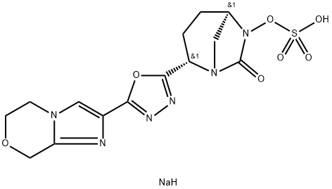 sodium (2S,5R)-2-(5-(5,6-dihydro-8H-imidazo[2,1-c][1,4]oxazin-2-yl)-1,3,4-oxadiazol-2-yl)-7-oxo-1,6-diazabicyclo[3.2.1]octan-6-yl sulfate Structure
