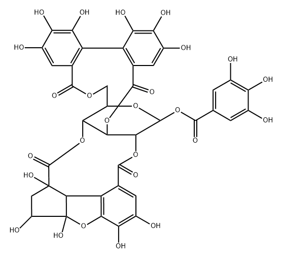 β-D-Glucopyranose, cyclic 3,6-(4,4',5,5',6,6'-hexahydroxy[1,1'-biphenyl]-2,2'-dicarboxylate) cyclic 2→8:4→1-(2,3,3a,8b-tetrahydro-1,3,3a,5,6-pentahydroxy-1H-cyclopenta[b]benzofuran-1,8-dicarboxylate) 1-(3,4,5-trihydroxybenzoate) Structure