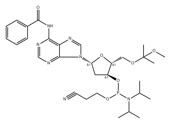 Adenosine, N-benzoyl-2'-deoxy-5'-O-(1-methoxy-1-methylethyl)-, 3'-[2-cyanoethyl N,N-bis(1-methylethyl)phosphoramidite] 化学構造式