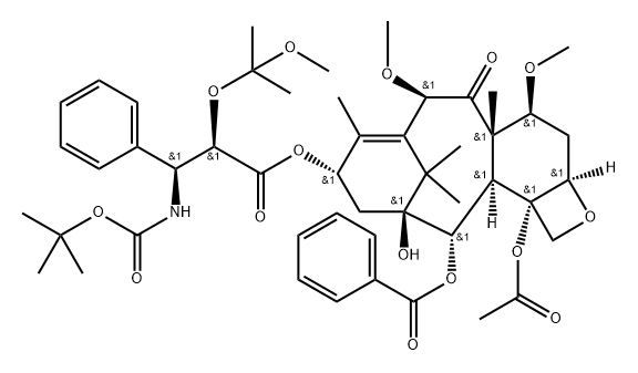 (2aR,4S,4aS,6R,9S,11S,12S,12aR,12bS)-12b-Acetoxy-9-(((2R,3S)-3-((tert-butoxycarbonyl)amino)-2-((2-methoxypropan-2-yl)oxy)-3-phenylpropanoyl)oxy)-11-hydroxy-4,6-dimethoxy-4a,8,13,13-tetramethyl-5-oxo-2a,3,4,4a,5,6,9,10,11,12,12a,12b-dodecahydro-1H-7,11-methanocyclodeca[3,4]benzo[1,2-b]oxet-12-yl benzoate 化学構造式