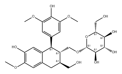 β-D-Glucopyranoside, [(1R,2S,3S)-1,2,3,4-tetrahydro-7-hydroxy-1-(4-hydroxy-3,5-dimethoxyphenyl)-3-(hydroxymethyl)-6-methoxy-2-naphthalenyl]methyl 化学構造式