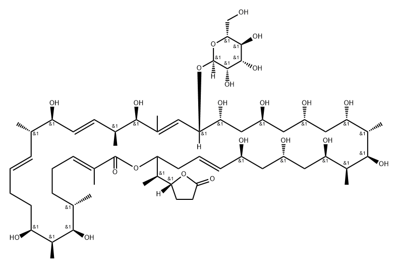 Oxacyclodotetraconta-3,13,17,21,39-pentaen-2-one, 8,10,16,20,24,26,28,30,32,34,36,38-dodecahydroxy-23-(α-D-mannopyranosyloxy)-3,7,9,15,19,21,31,33-octamethyl-42-[(1R)-1-[(2R)-tetrahydro-5-oxo-2-furanyl]ethyl]-, (3E,7S,8R,9S,10S,13E,15S,16S,17E,19S,20R,21E,23S,24R,26S,28S,30S,31S,32R,33S,34R,36S,38S,39E,42S)-,143452-11-3,结构式