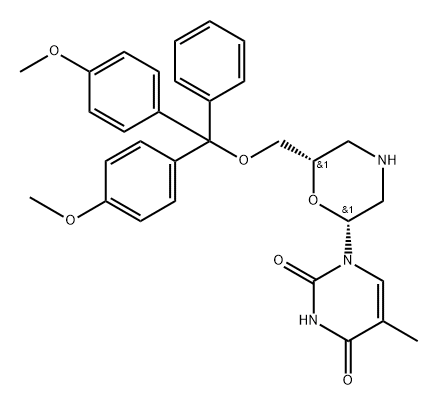 7’-O-(4,4’-Dimethoxytrityloxy) morpholino thymine|1-((2R,6S)-6-((双(4-甲氧基苯基)(苯基)甲氧基)甲基)吗啉-2-基)-5-甲基嘧啶-2,4(1H,3H)-二酮