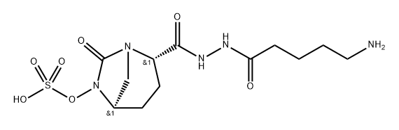 sulfuric acid mono[2-(N'-(5-aminopentanoyl)hydrazinocarbonyl)-7-oxo-1,6-diazabicyclo[3.2.1]oct-6-yl] ester 化学構造式