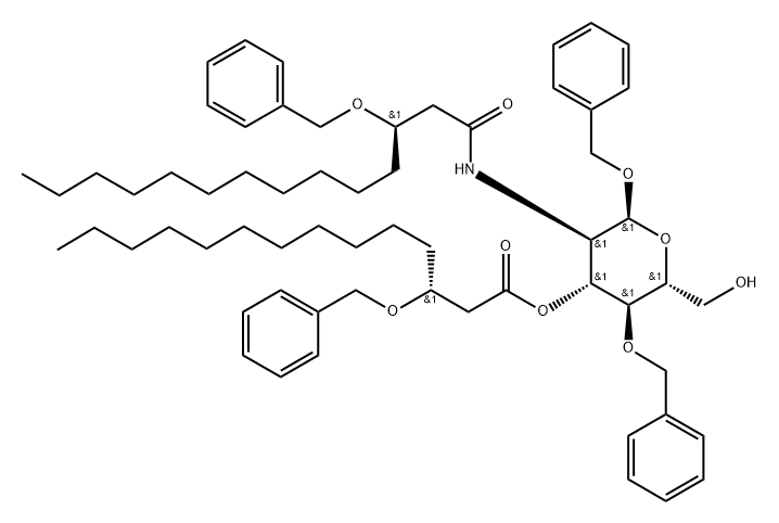 α-D-Glucopyranoside, phenylmethyl 2-deoxy-2-[[(3R)-1-oxo-3-(phenylmethoxy)tetradecyl]amino]-4-O-(phenylmethyl)-, 3-[(3R)-3-(phenylmethoxy)tetradecanoate] 结构式