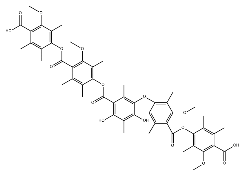 Benzoic acid, 3-[4-[(4-carboxy-3-methoxy-2,5,6-trimethylphenoxy)carbonyl]-3-methoxy-2,5,6-trimethylphenoxy]-4,6-dihydroxy-2,5-dimethyl-, 1-[4-[(4-carboxy-3-methoxy-2,5,6-trimethylphenoxy)carbonyl]-3-methoxy-2,5,6-trimethylphenyl] ester Struktur