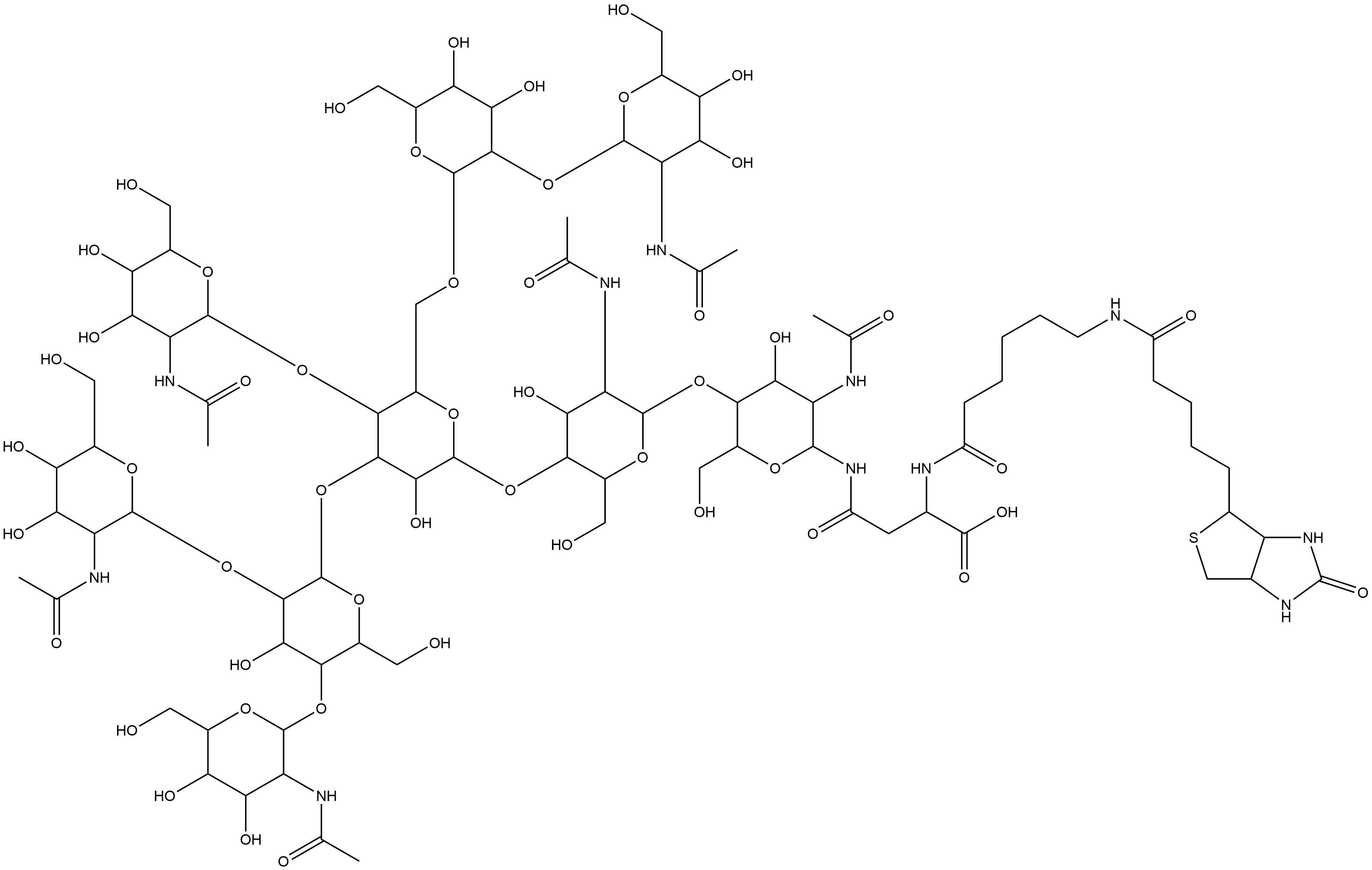 3aS-(3aα,4β,6aα)]-N-[O-2-(acetylamino)-2-deoxy-β-D-glucopyranosyl-(1→4)-O-[O-2-(acetylamino)-2-deoxy-β-D-glucopyranosyl-(1→2)-O-[2-(acetylamino)-2-deoxy-β-D-glucopyranosyl-(1→4)]-α-D-mannopyranosyl-(1→3)]-O-[O-2-(acetylamino)-2-deoxy-β-D-glucopyranosyl-(1→2)-α-D-mannopyranosyl-(1→6)]-O-β-D-mannopyranosyl-(1→4)-O-2-(acetylamino)-2-deoxy-β-D-glucopyranosyl-(1→4)-2-(acetylamino)-2-deoxy-β-D-glucopyranosyl]-N2-[6-[[5-(hexahydro-2-oxo-1H-thieno[3,4-d]imidazol-4-yl)-1-oxopentyl]amino]-1-oxohexyl]-L-As,144230-96-6,结构式