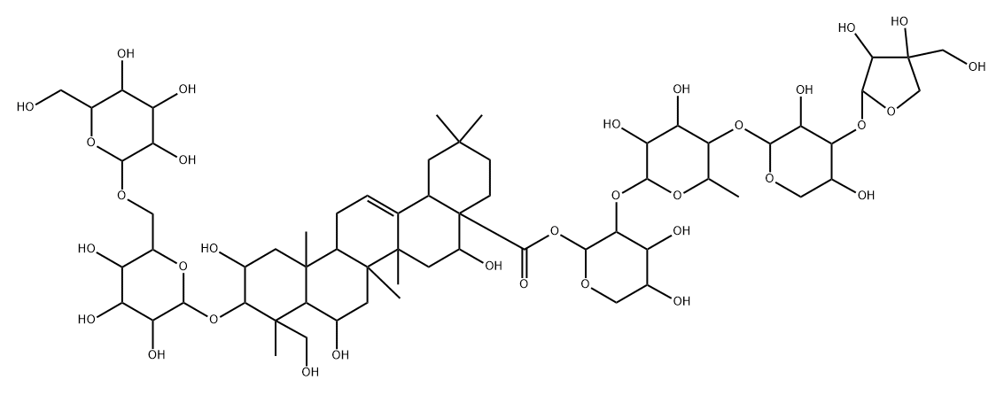 Olean-12-en-28-oic acid, 3-[(6-O-β-D-glucopyranosyl-β-D-glucopyranosyl)oxy]-2,6,16,23-tetrahydroxy-, O-D-apio-β-D-furanosyl-(1→3)-O-β-D-xylopyranosyl-(1→4)-O-6-deoxy-α-L-mannopyranosyl-(1→2)-α-L-arabinopyranosyl ester, (2β,3β,4α,6β,16α)- Struktur