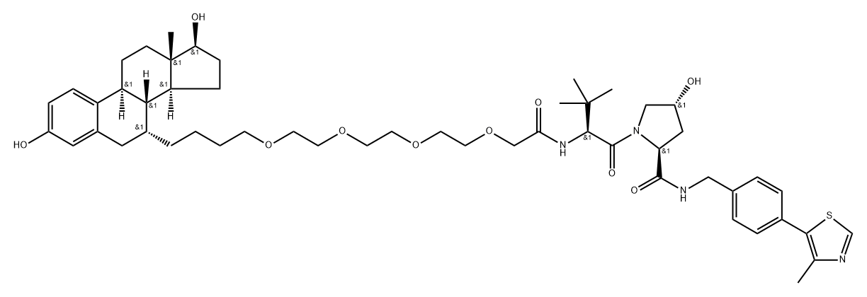 2-Pyrrolidinecarboxamide, 1-[(2S)-19-[(7α,17β)-3,17-dihydroxyestra-1,3,5(10)-trien-7-yl]-2-(1,1-dimethylethyl)-1,4-dioxo-6,9,12,15-tetraoxa-3-azanonadec-1-yl]-4-hydroxy-N-[[4-(4-methyl-5-thiazolyl)phenyl]methyl]-, (2S,4R)- 化学構造式