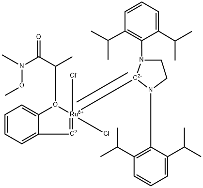 [1,3-Bis(2,6-di-i-propylphenyl)imidazolidin-2-ylidene]{2-[[1-(methoxy(methyl)amino)-1-oxopropan-2-yl]oxy]benzylidene}ruthenium(II) dichloride GreenCat Struktur