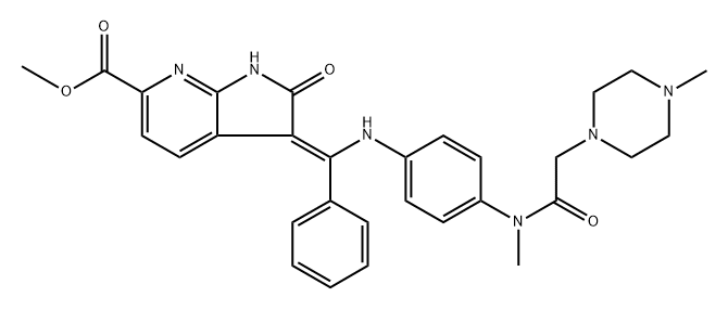 1H-Pyrrolo[2,3-b]pyridine-6-carboxylic acid, 2,3-dihydro-3-[[[4-[methyl[2-(4-methyl-1-piperazinyl)acetyl]amino]phenyl]amino]phenylmethylene]-2-oxo-, methyl ester, (3Z)- Struktur