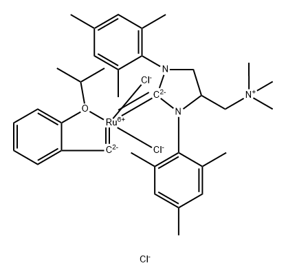 [1,3-BIS(2,4,6-TRIMETHYLPHENYL)-4-[(TRIMETHYLAMMONIO)METHYL]IMIDAZOLIDIN-2-YLIDENE]-(2-I-PROPOXYBENZYLIDENE)DICHLORORUTHENIUM(II)CHLORIDESTICKYCATCL 结构式