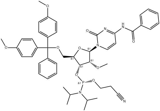 Cytidine, N-benzoyl-5'-O-[bis(4-methoxyphenyl)phenylmethyl]-2'-O-methyl-, 3'-[2-cyanoethyl bis(1-methylethyl)phosphoramidite], (S)- (9CI) Struktur