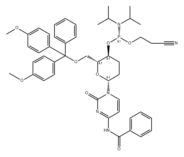 Benzamide, N-[1-[6-O-[bis(4-methoxyphenyl)phenylmethyl]-4-O-[[bis(1-methylethyl)amino](2-cyanoethoxy)phosphino]-2,3-dideoxy-β-D-erythro-hexopyranosyl]-1,2-dihydro-2-oxo-4-pyrimidinyl]-, (R)- (9CI) Struktur