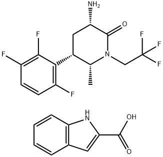 1H-Indole-2-carboxylic acid, compd. with (3S,5S,6R)-3-amino-6-methyl-1-(2,2,2-trifluoroethyl)-5-(2,3,6-trifluorophenyl)-2-piperidinone (1:1) 化学構造式