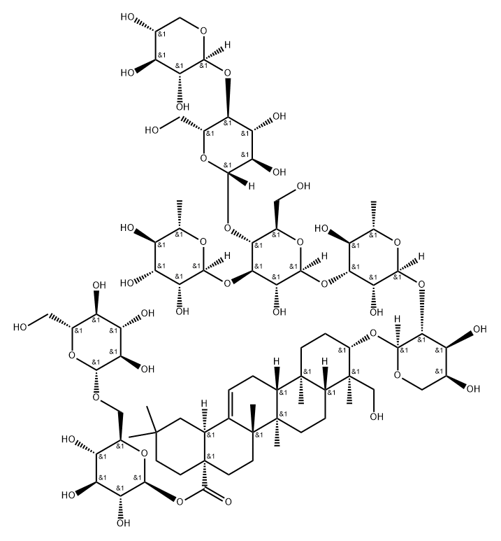 Olean-12-en-28-oic acid, 3-[(O-β-D-xylopyranosyl-(1→4)-O-β-D-glucopyranosyl-(1→4)-O-[6-deoxy-α-L-mannopyranosyl-(1→3)]-O-β-D-glucopyranosyl-(1→3)-O-6-deoxy-α-L-mannopyranosyl-(1→2)-α-L-arabinopyranosyl)oxy]-23-hydroxy-, 6-O-β-D-glucopyranosyl-β-D-glucopyranosyl ester, (3β,4α)- Structure