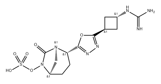 (1R,2S,5R)-2-[5-[trans-3-[(Aminoiminomethyl) amino]cyclobutyl]-1,3,4-oxadiazol-2-yl]-7-oxo1,6-diazabicyclo[3.2.1]oct-6-yl hydrogen sulfate 化学構造式