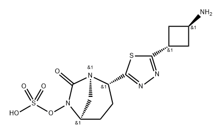 (1R,2S,5R)-2-[5-(trans-3-Aminocyclobutyl)-1,3, 4-thiadiazol-2-yl]-7-oxo-1,6-diazabicyclo[3.2.1] oct-6-yl hydrogen sulfate 化学構造式