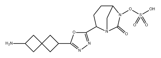 (1R,2S,5R)-2-[5-(6-Aminospiro[3.3]hept-2-yl)-1, 3,4-oxadiazol-2-yl]-6-(sulfooxy)-1,6-diazab icyclo[3.2.1]octan-7-one 化学構造式