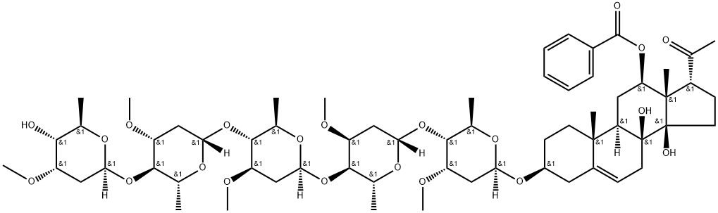 [17-acetyl-8,14-dihydroxy-3-[5-[5-[5-[5-(5-hydroxy-4-methoxy-6-methyl- oxan-2-yl)oxy-4-methoxy-6-methyl-oxan-2-yl]oxy-4-methoxy-6-methyl-oxan -2-yl]oxy-4-methoxy-6-methyl-oxan-2-yl]oxy-4-methoxy-6-methyl-oxan-2-y l]oxy-10,13-dimethyl-2,3,4,7,9,11,12,15,16,17-decahydro-1H-cyclopenta[ a]phenanthren-12-yl] benzoate 结构式